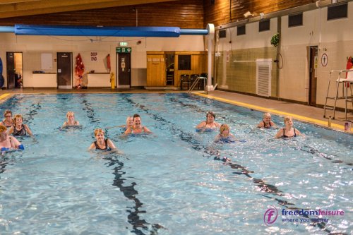 A group of older women exercising in a swimming pool