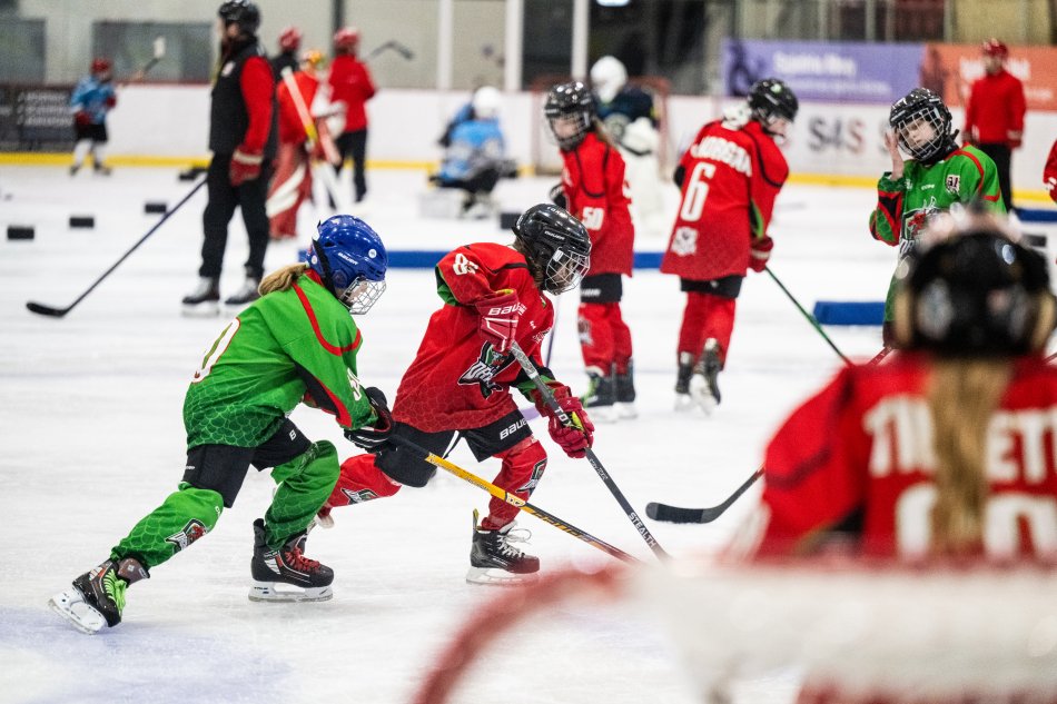 Action shot of multiple players training in different areas of the rink which is divided up using the new equipment.