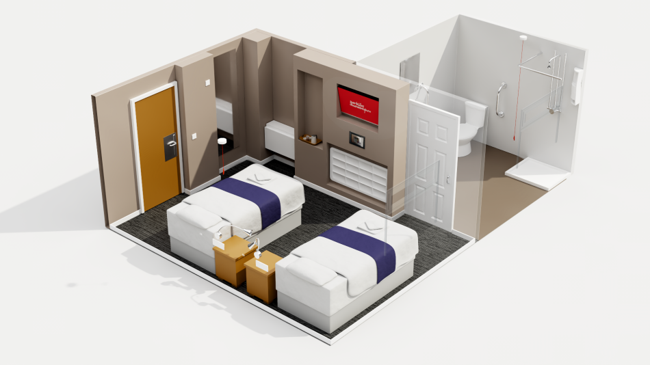An accessible room with two single beds and en suite.