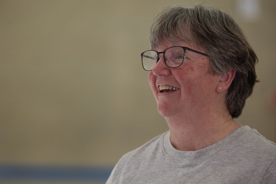 Jan coaching the walking hockey.