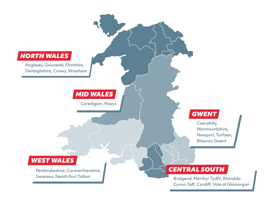 Regions labelled on map of Wales.